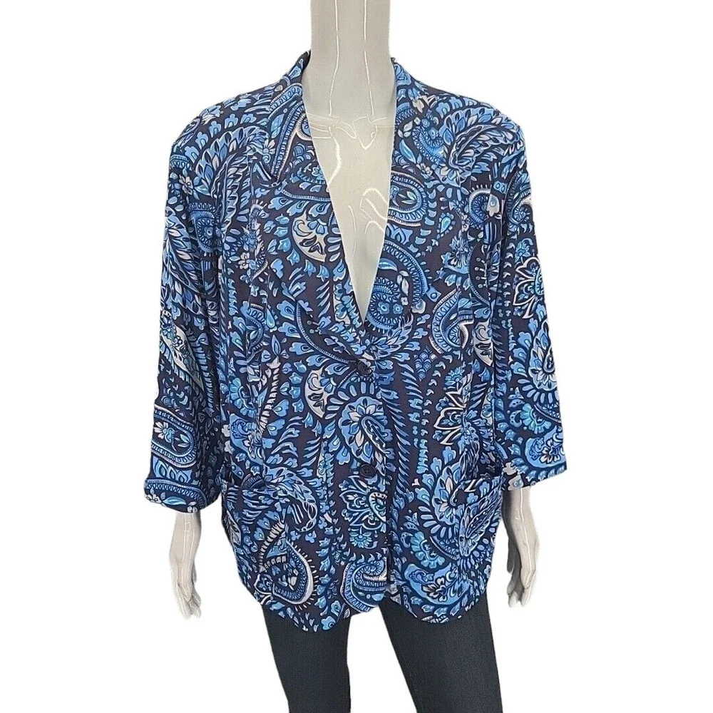 Joan Rivers Paisley Jersey Knit 3/4 Sleeve Blazer Pockets 3X Plus Sz Blue Jacket